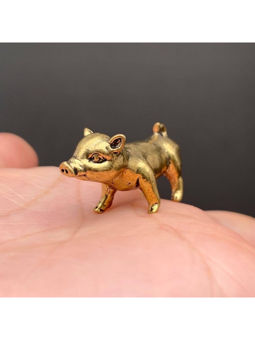 Brass Piglet Figurine Miniature Luck Totem Altar Decor Spirit Animal 1970s Style
